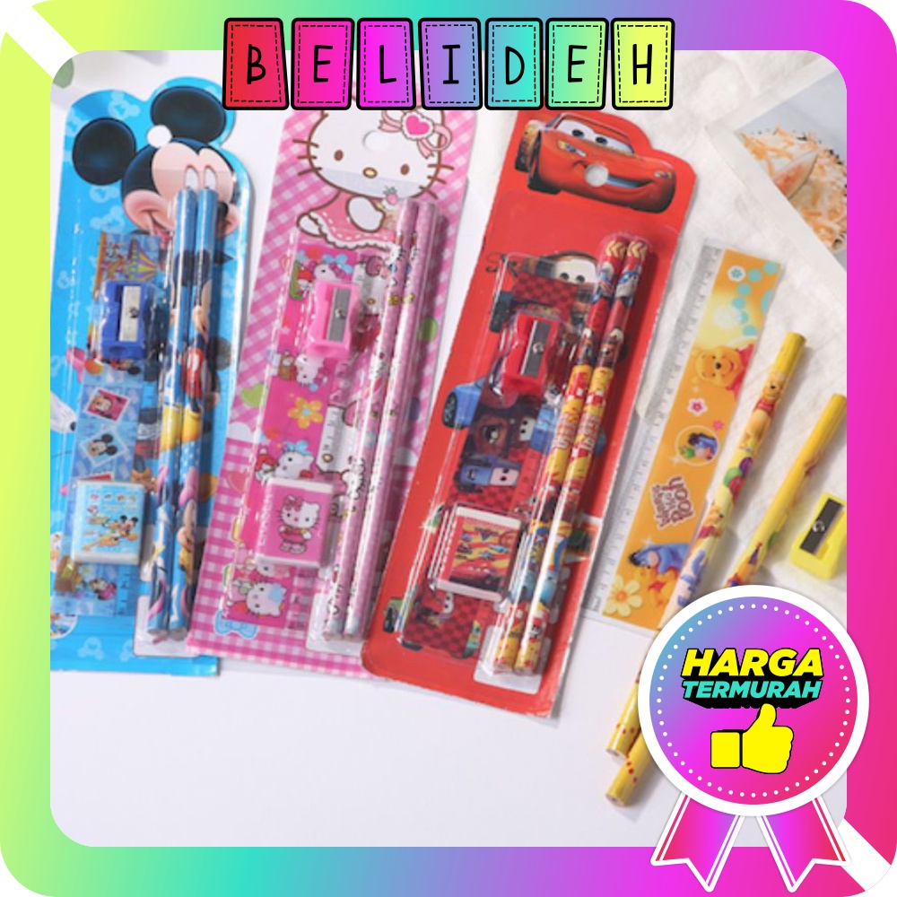 

☛BELIDEH☚ Stationery Set 5 in 1 Alat Tulis Anak Sekolah Penghapus penggaris Pensil Serutan Karakter Lucu Import S004