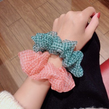 SCRUNCHIE SIFON KOREA PREMIUM JUMBO - DAISY PLAID KOTAK - Ikat Rambut - Mesh Scrunchie Transparan