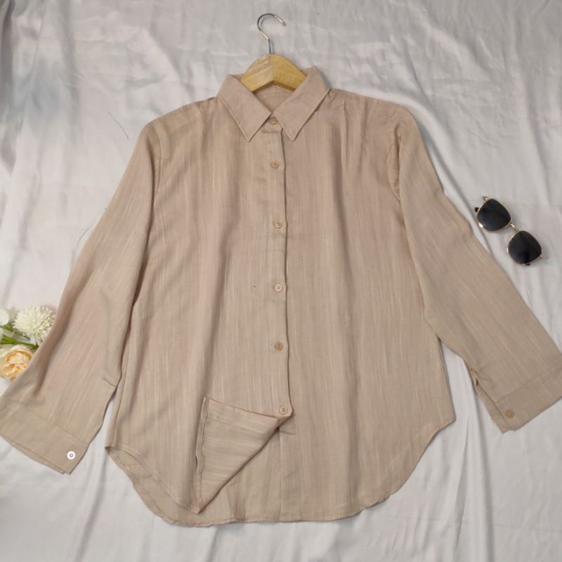 Saku Kemeja Wanita/Blus kemeja linen 2021 Kualitas tinggi Wanita/Atasan wanita kantor Wanita chic lengan panjang-KMJ Linen_Coksu