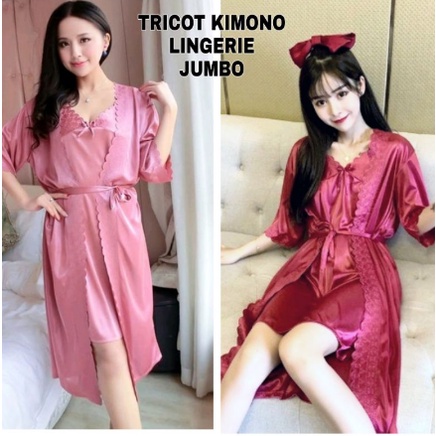 BAJU TIDUR KIMONO LINGERIE SEXI 2IN1 JUMBO TRICOT SATIN IMPORT