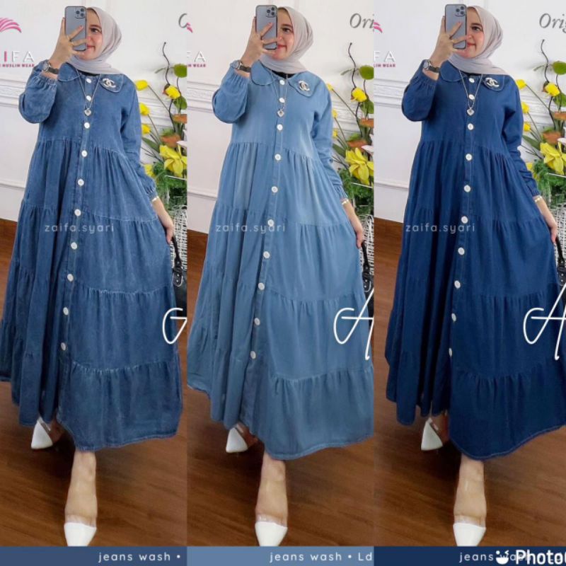 25.6 Ameera midi dress/tunik midi polosfab jeanswash by Zaifa