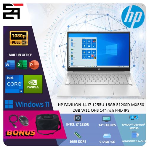 HP PAVILION 14 i7 1255U 16GB 512GB SSD MX550 2GB W11 OHS 14 Inch FHD IPS