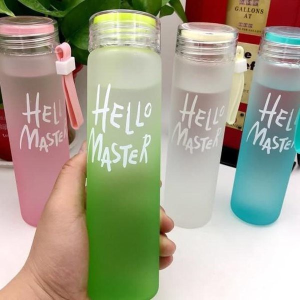 BOTOL MINUM KACA HELLO MASTER + POUCH WARNA UK. 300ML / BOTOL KACA HELLO MASTER