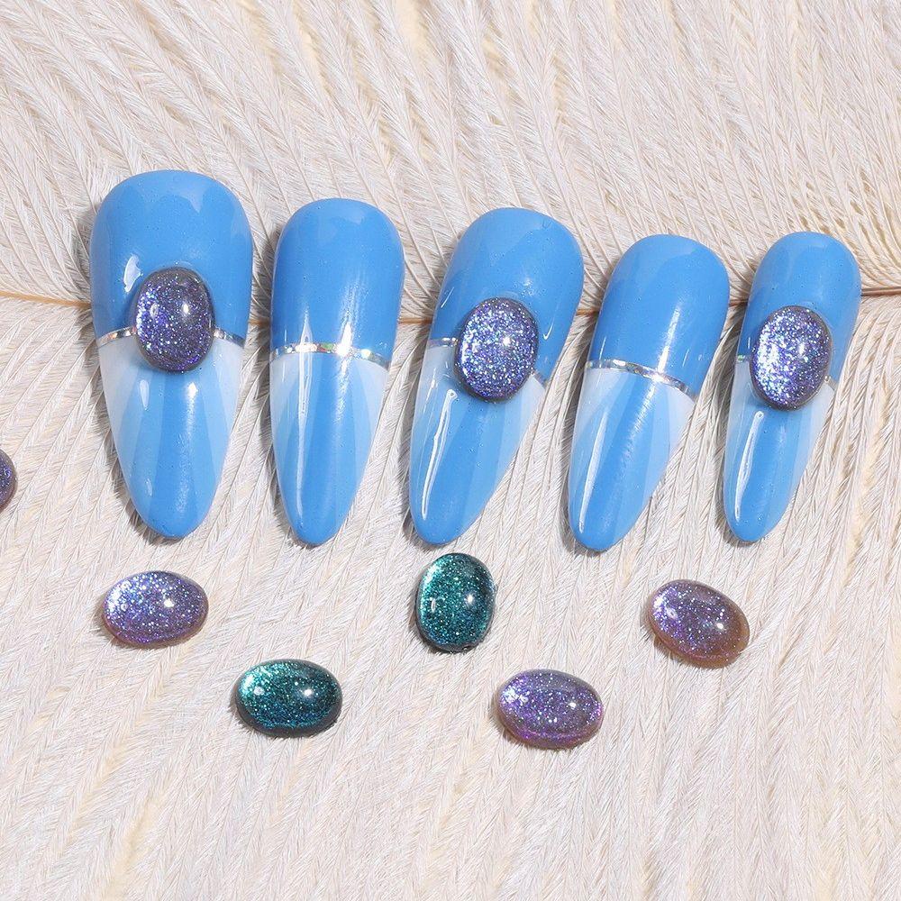 AUGUSTINA Agustin 3D Pesona Kuku Oval Mata Kucing DIY Bahan Kecantikan Kuku Datar Bawah Bor Perlengkapan Kuku Manicure Jewelry