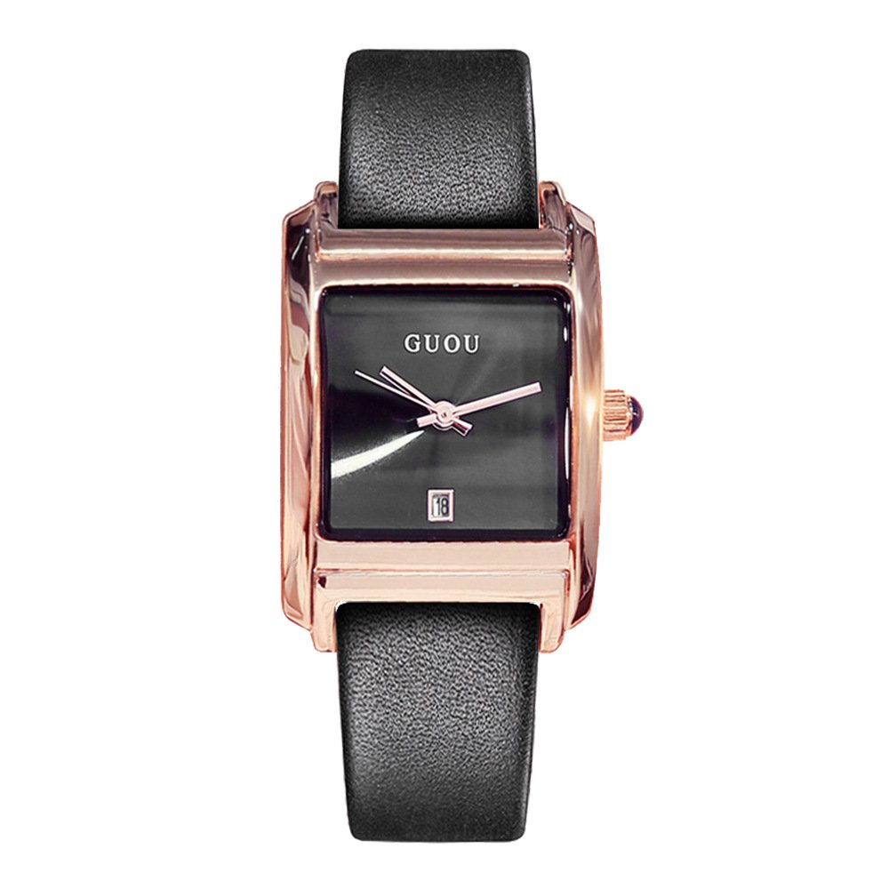 【Factory Outlet】GUOU Square Watch Sederhana Wanita Elegan Fashion Quartz Watch Tali Tren Kalender Wanita Berjaga-jaga