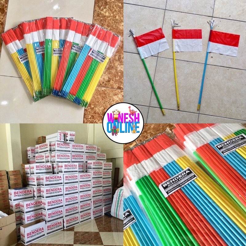 1Kg 5 Pack Bendera Merah Putih Kotak Persegi Tiang Sedotan  + Peluit 1 Pack isi 20