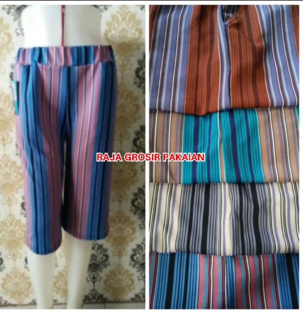 Celana Kulot Pendek Dewasa Motif Salur Pelangi Bahan Waffle/Crepe