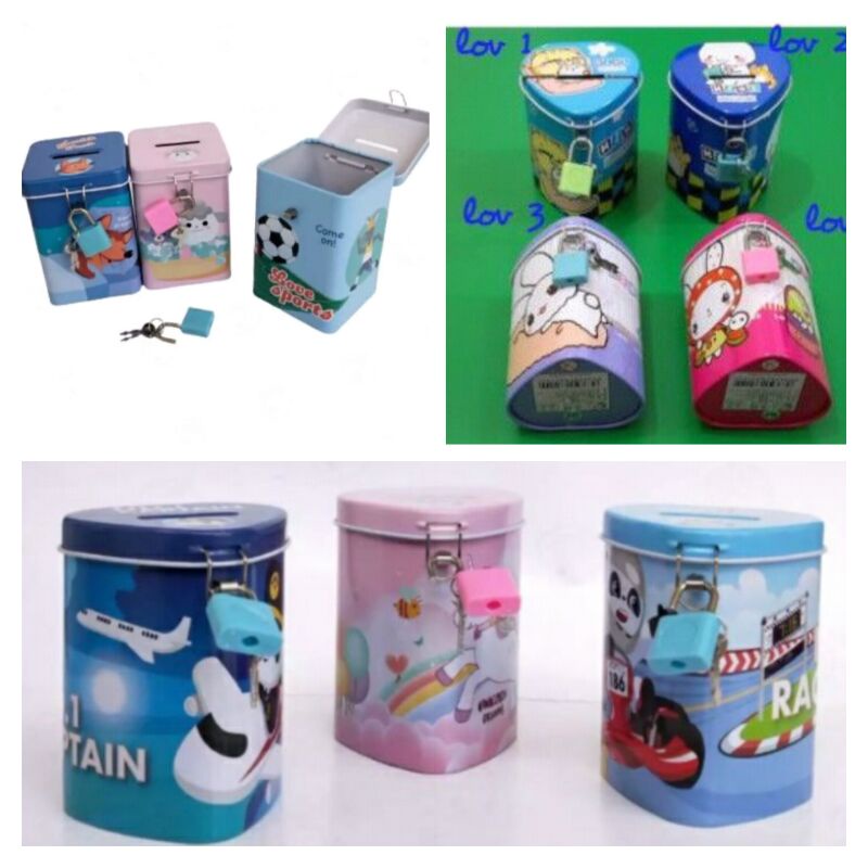 Celengan kaleng gembok KOTAK, LOVE motif / celengan gembok LOVE, KOTAK