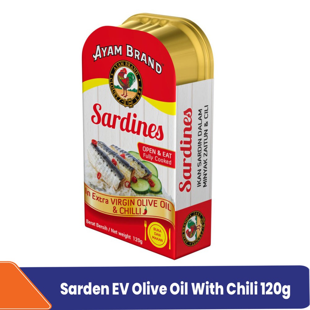 

Ikan Sarden Kaleng Extra Virgin Olive Oil Pedas Ayam Brand 120gr