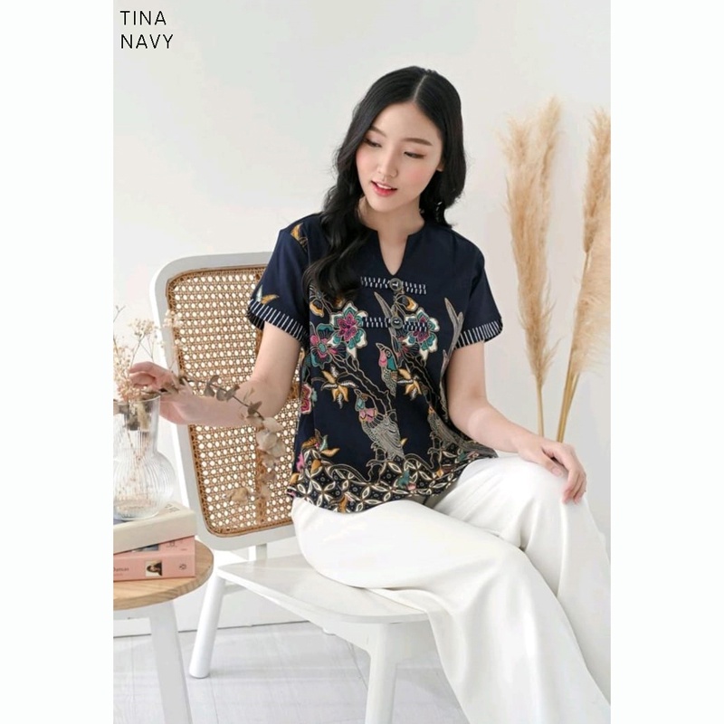 Evercloth Tina Blouse Wanita Atasan Wanita Batik Couple Top Jumbo Family Cheongsam CNY Imlek Merah