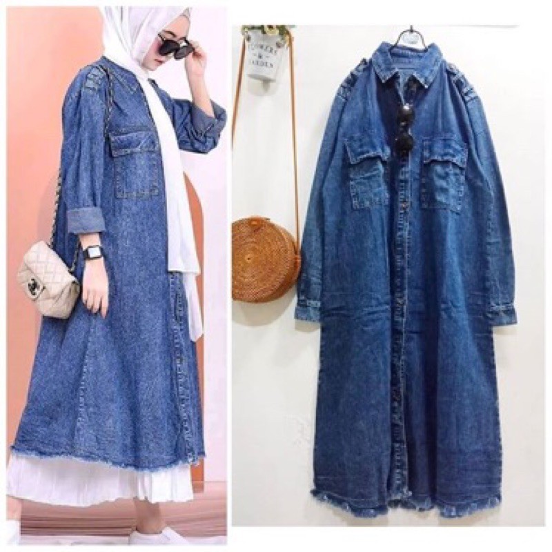 Fashion Muslim. Tunik Jeans. Atasan Tunik Wanita. Baju Wanita. Cardigan Jeans, Aurora tunik jeans