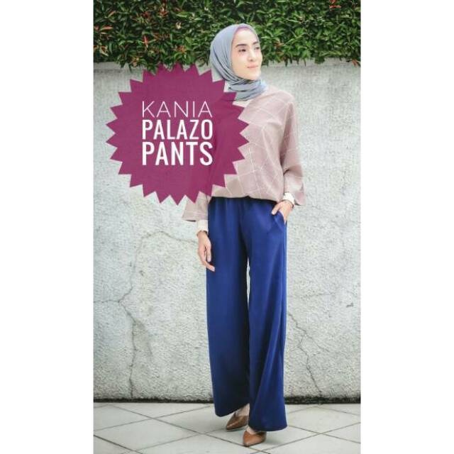 Fashion Wanita Bawahan Celana Panjang Palazo Kulot Full Karet Scuba Navy Kania