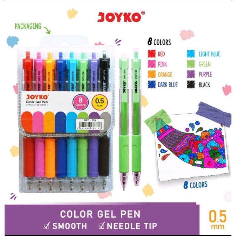 

Color Gel pen/pena jel warna joyko GPC-278/ 8 Warna 0.5 mm