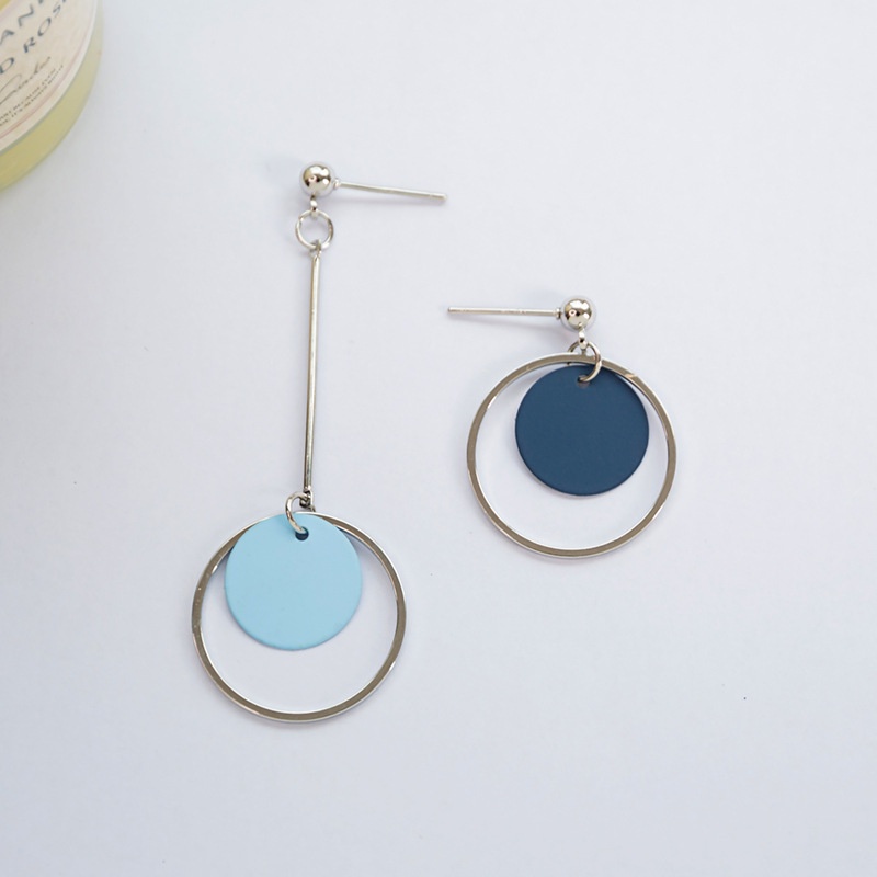 Anting stud Bentuk Bulat Persegi Warna Biru Bahan metal Gaya Korea