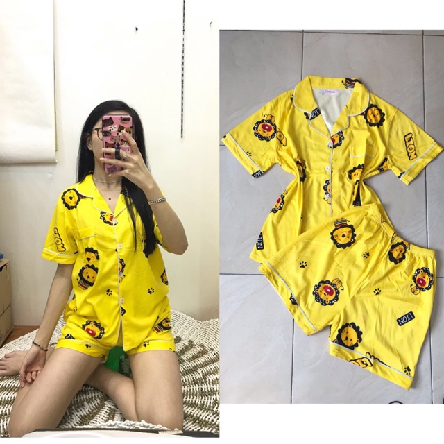 Piyama pdk katun motif lion yellow.pajamas/homewear/sleepwear katunpendek motif lion kuning kekinian