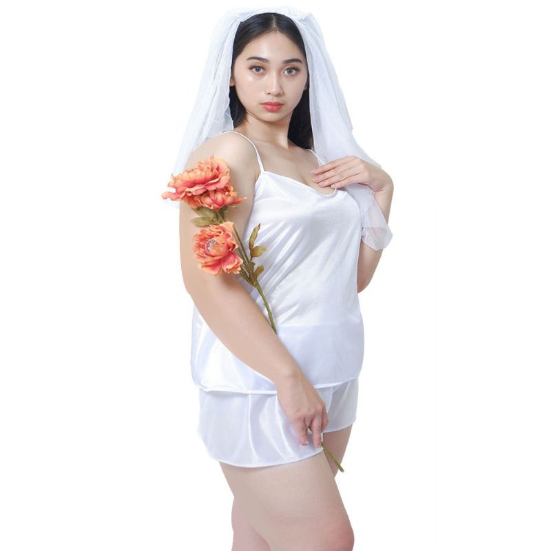 Setelan babydoll wanita sexy celana pendek big size jumbo baju tidur satin putih 1591WBD_XL