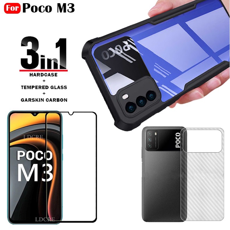 Paket 3 in 1 Poco M3 Hardcase Transparant + Anti Gores Kaca + Garskin