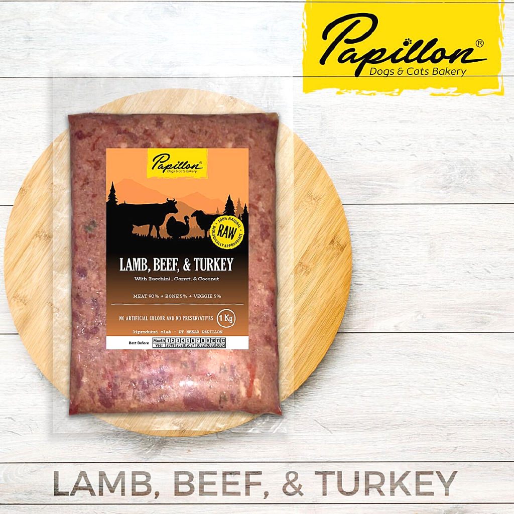 

PAPILLON Makanan Anjing RAW Lamb , Beef and Turkey Zucchini 1kg