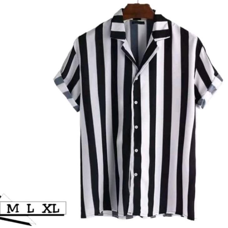 l8 DYJ Kemeja salur pria garis Hitam putih | Kemeja pria motif garis-garis | Kemeja pria lengan pend