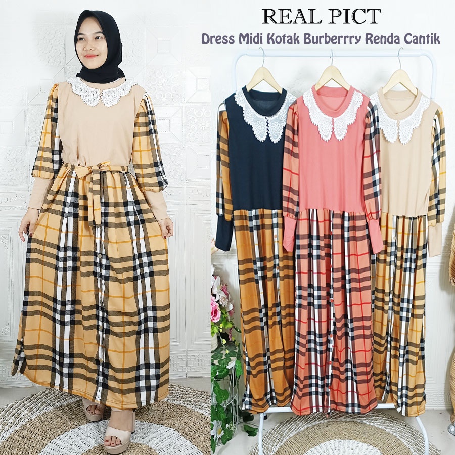 DRESS MIDI KOTAK BURBERRRY RENDA CANTIK WANITA GL FASHION