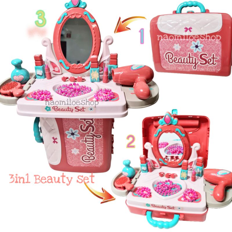 3in1 beauty Mainan alat make up anak MAINAN ANAK PEREMPUAN DANDAN BEAUTY PLAYSET 31N1 SALON KOPER MEJA RIAS-3in1 beauty