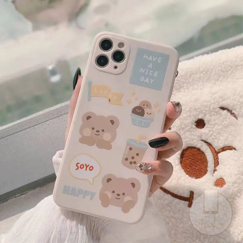 IPHONE Kompatibel Untuk Iphone11 12 14 13 Pro Max 6 6s 78 Plus Xr Xs Max SE 2020 Ins Batu Putih Susu Teh Beruang Soft Tpu Case