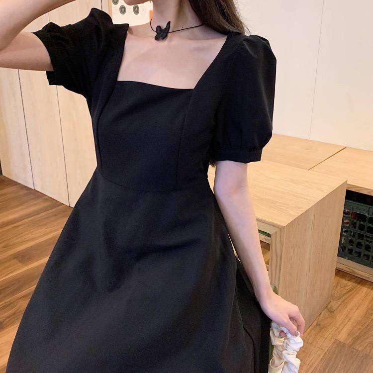 [littlecrab] Dress Square Neck Panjang Hitam Polos Leher Persegi Gaun Midi Kasual Simply Black Elegan Lengan Balon Pendek Berkualitas Korean Style