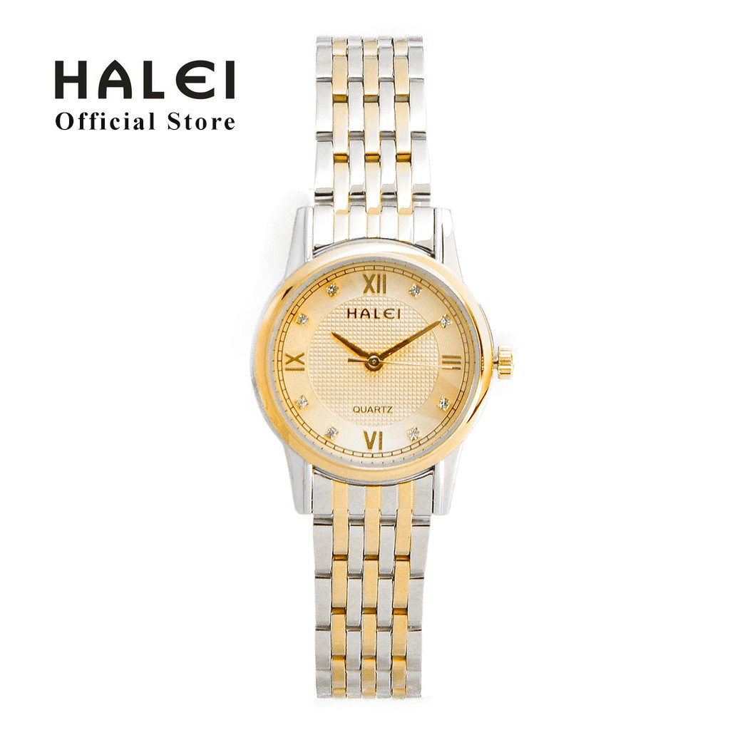 Jam Tangan Wanita Keren, Romawi - Aksen Permata Halei Original 559 Rantai Kombinasi Plat Gold