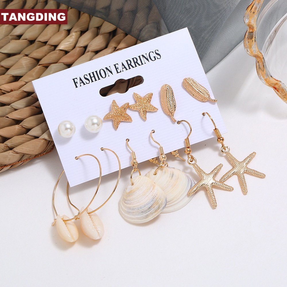 6 Pasang Anting Tusuk Motif Bintang Laut / Kerang / Mutiara Untuk Wanita