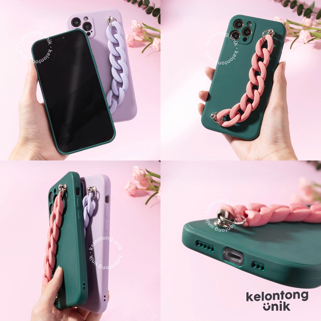 (Seri 5) For iPhone - Square Edge Silicone Soft Case + Doff Chain Grip/ Chain Case Rantai