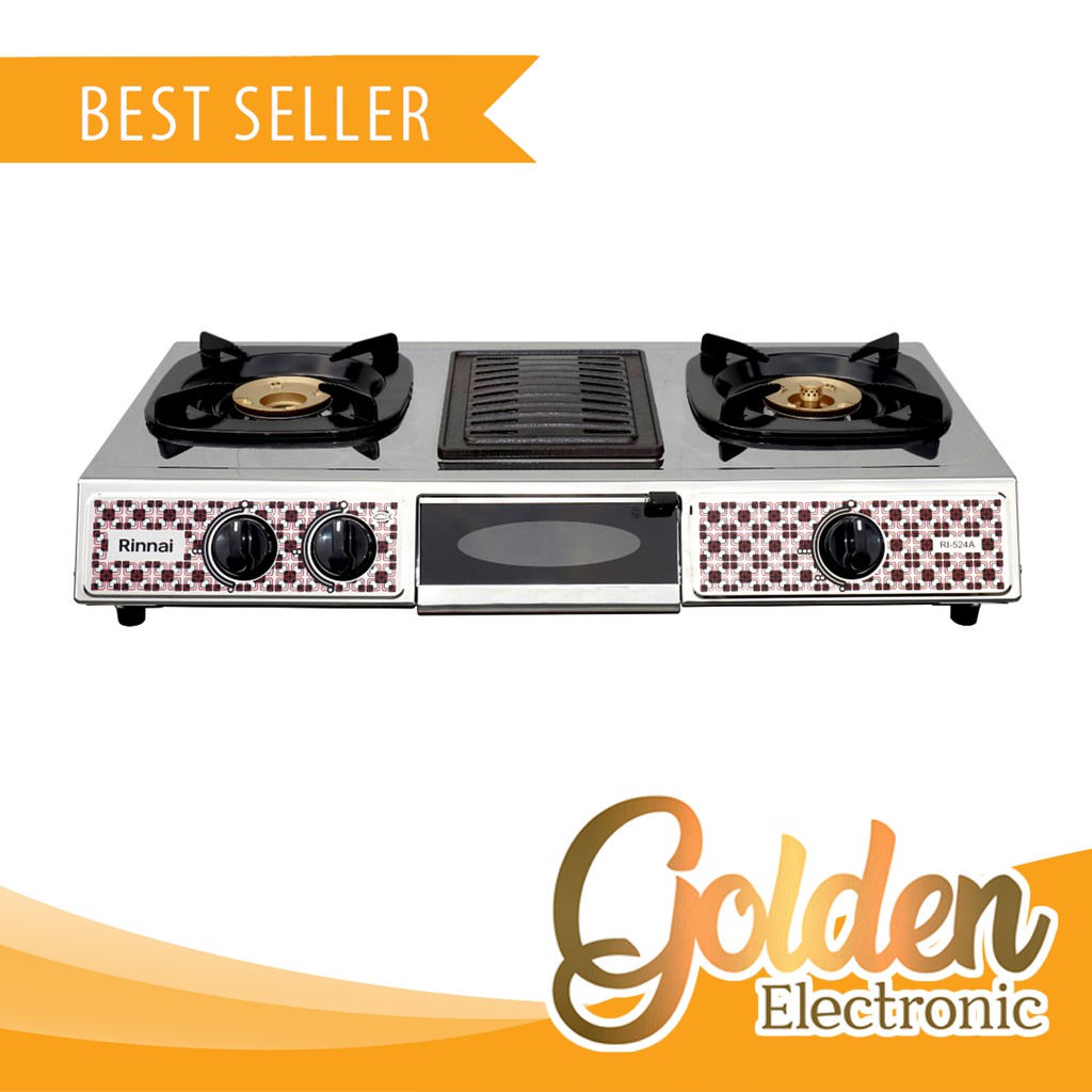 Kompor Gas Rinnai RI-524A / RI 524 A / RI524A Kompor Rinnai 2 Tungku + Grill Pan  Stainless Steel