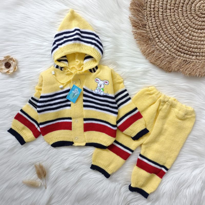 Setelan sweater rajut salur 0-6 bulan