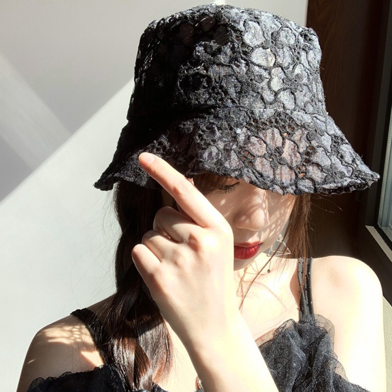 Topi Bucket Wanita Bahan Lace Motif Bunga Gaya Korea Untuk Musim Panas