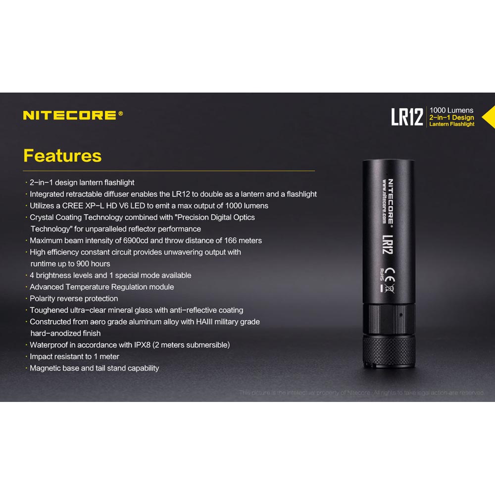 NITECORE Senter 2in1 Design Lipstick CREE XP-L HD V6 1000 Lumens - LR12 - Black