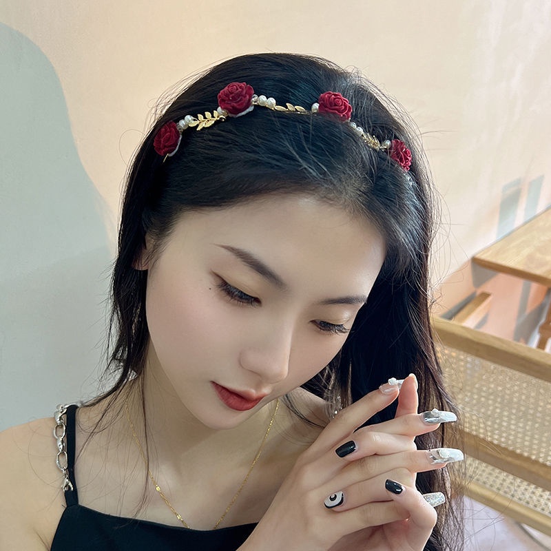 Bando Mutiara Mawar Musim Panas Prancis Retro High-End Jepit Rambut Hiasan Kepala Desain Niche Hairband Tekanan Tinggi-Otak Top