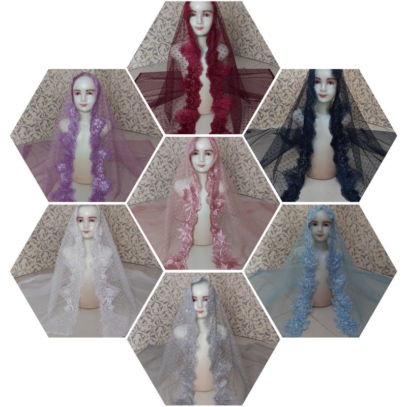 VEIL HIJAB PENGANTIN BRUKAT 1SISI TILE DOT// VEIL KERUDUNG PENGANTIN// SLAYER PENGANTIN