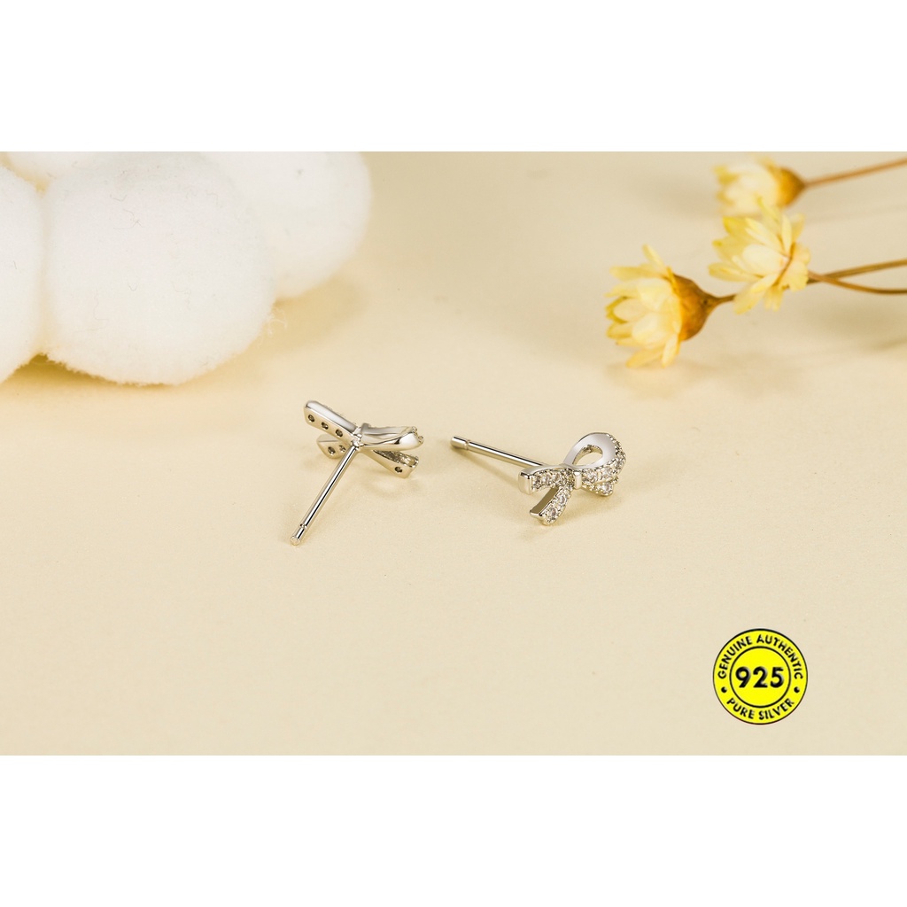 Anting Tusuk Sterling Silver 925 Desain Pita Hias Berlian Imitasi Simple Untuk Wanita