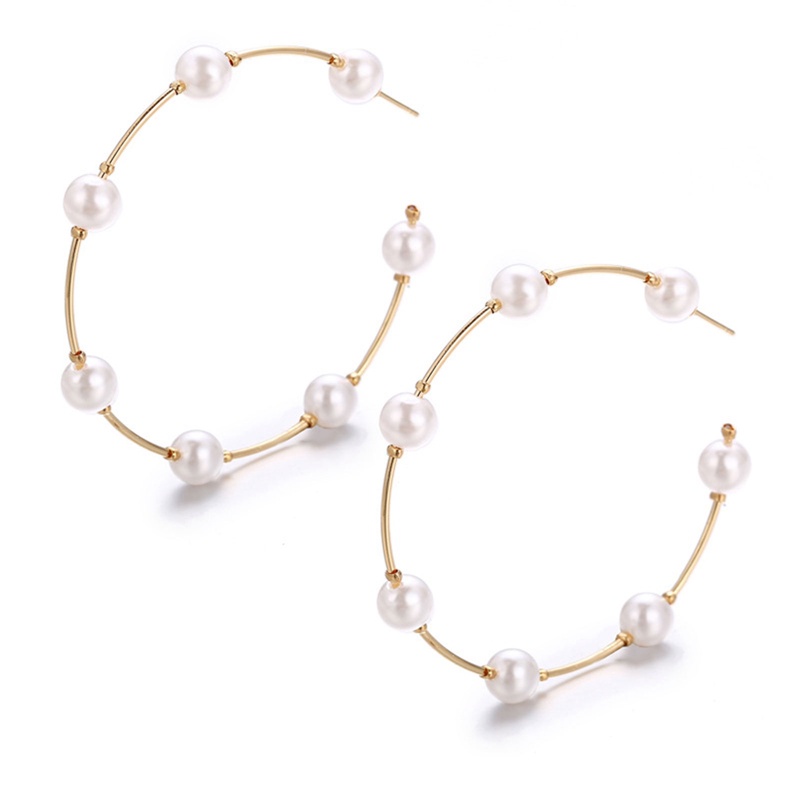 Anting Hoop Besar Aksen Mutiara Imitasi Bahan Alloy Untuk Wanita