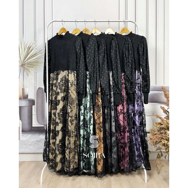 Soira Dress Brukat Hitam |Dress Rajut Kombi Brukat |Gamis Brukat Hitam |Dress Brukat Payet Sequin