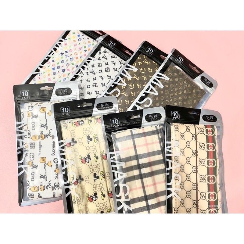 PREMIUM 3 PLY MASKER BRANDED ISI 10 PC / DISPOSABLE EARLOOP MASKER 3 PLY MOTIF BRANDED SIZE DEWASA / MASKER MOTIF BRANDED FASHION 3 PLY LIMITED EDIITON / MASKER LV SUPREME CHABEL DIOR GUCCI BURBERRY MASK