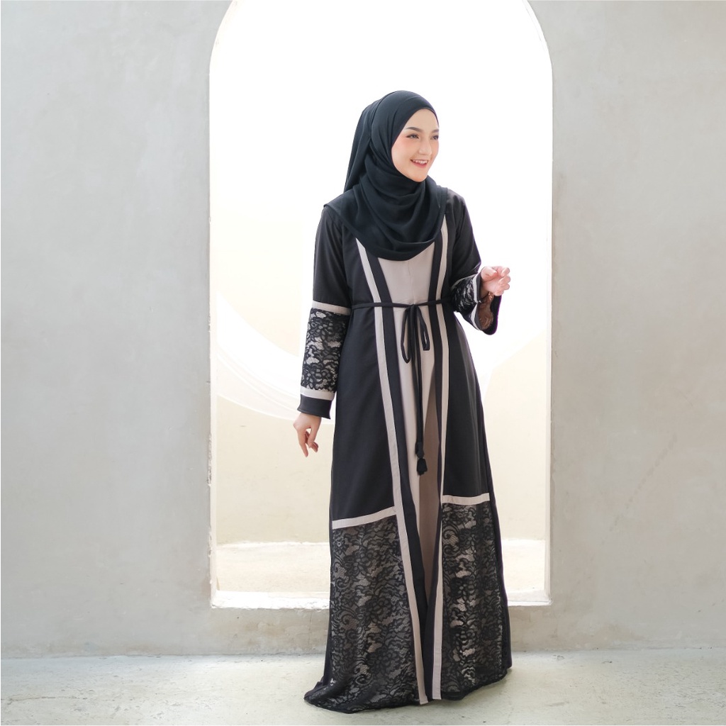 Reysha Abaya Maxi Dress Motif Renda Dikerjakan Oleh Tenaga Ahli 100% Ori Dan Realpict, Exclusive Fashion Gamis Muslim Dengan Desain Outer Aksen Brukat Diatur Bisa COD-Beige