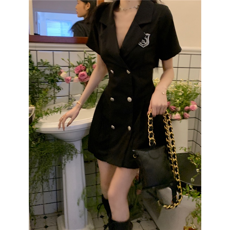 Mini Dress hitam lengan pendek jas gaun wanita musim panas a-line busur pinggang desain ceruk pelang