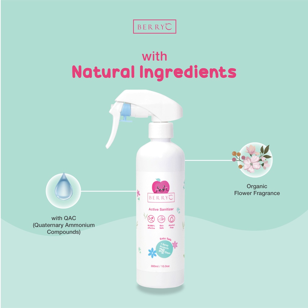 BerryC Active Sanitizer Spray 300ml Natural Food Grade Hand Antiseptik Non Alcohol Alkohol Aman untuk Bayi Anak Dewasa COVID19 HFMD Alat Makan Travel Size Refill Malaysia Halal Proteksi Protection Perlindungan Aktif Coronavirus Organik Harum Sensitif Skin