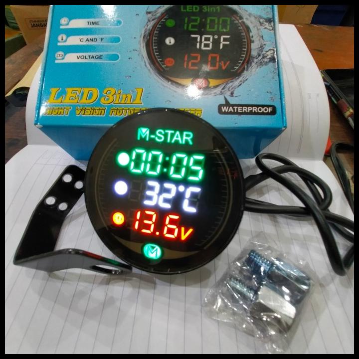 Voltmeter Digital 3In1 Bulat Pengukur Aki Jam Digital