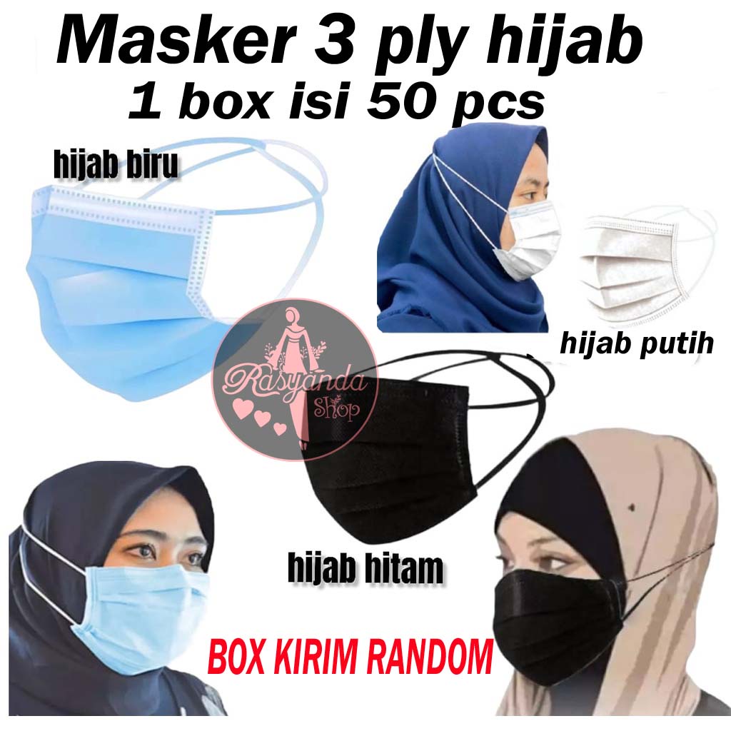 Masker HIJAB Headloop 3 Ply Disposable Mask Warna Warni  Hitam Putih Biru Abu  Isi 50pcs