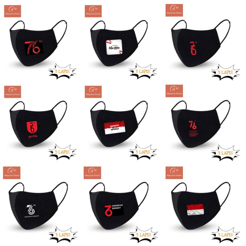 Masker Kain 3 lapis Bendera Merah Putih Edisi hut RI ke 76 hitam pria wanita earloop headloop katun