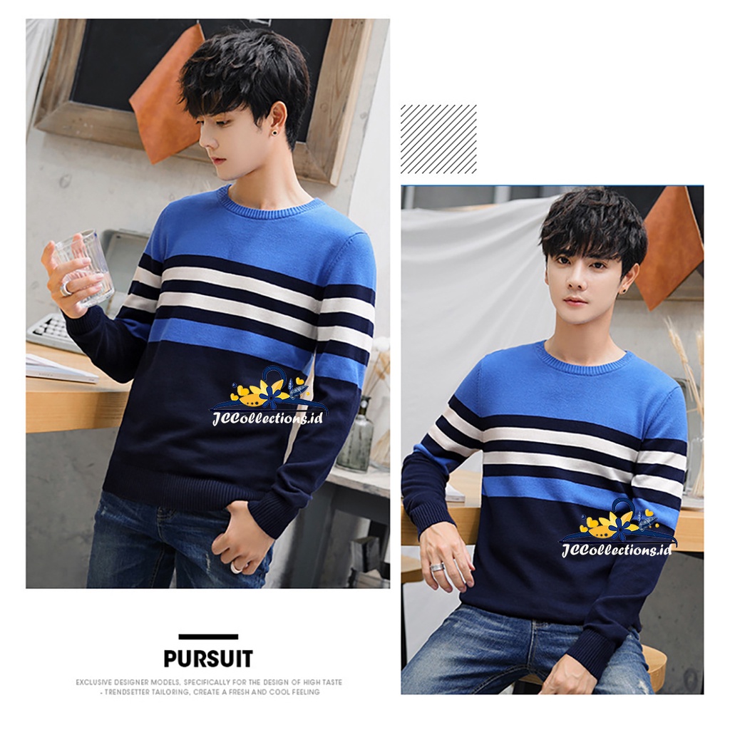 Sweater Rajut Pria Korea style Variasi Strip Oneck Leher O Albert - JCCollections