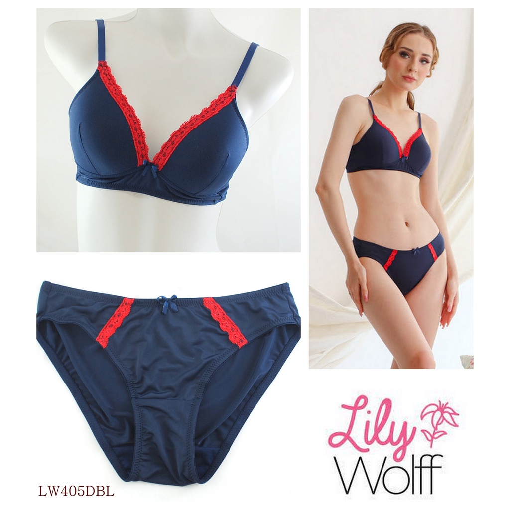Bra Set Wanita Tanpa Kawat Full Cup Branded Underwear  LILY WOLFF, Nyaman Elastis LW405DBL