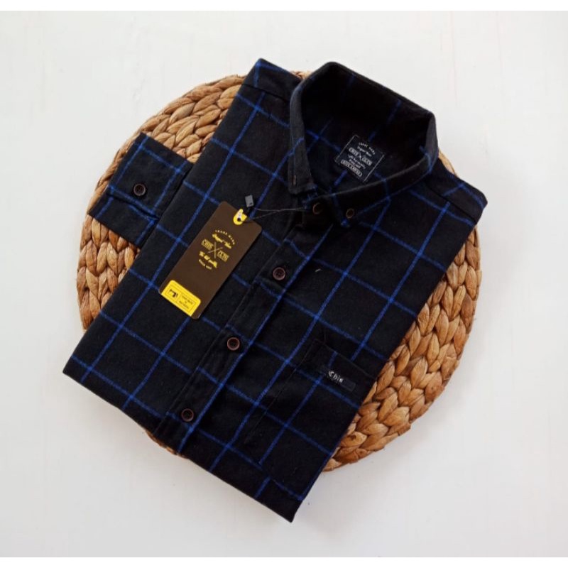 kemeja flanel pria lengan panjang motif hitam garis biru terlaris