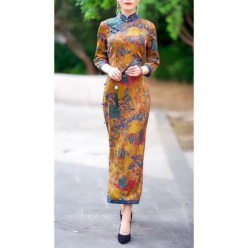 National style retro improved cheongsam dress women's 2021 autumn new middle-aged and elderly mother